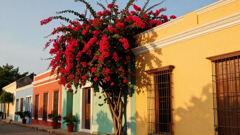 Arquitectura colonial, buganvillas y luz dorada