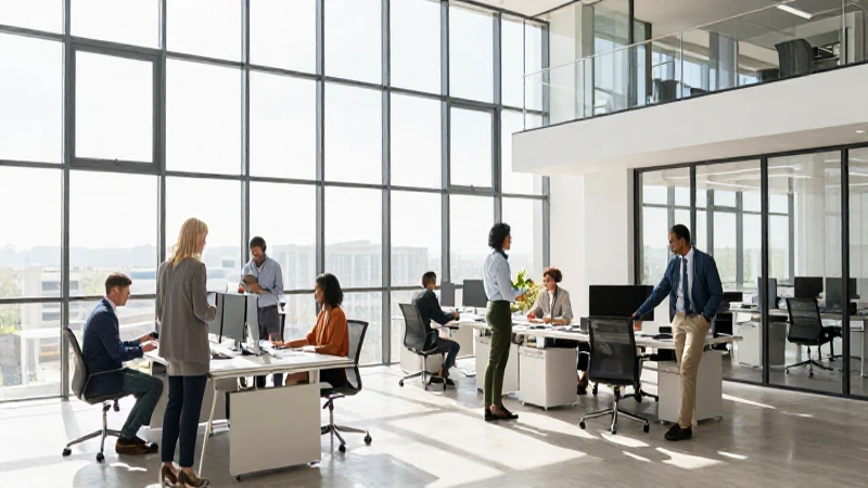 Oficinas modernas, profesionales diversos colaborando.