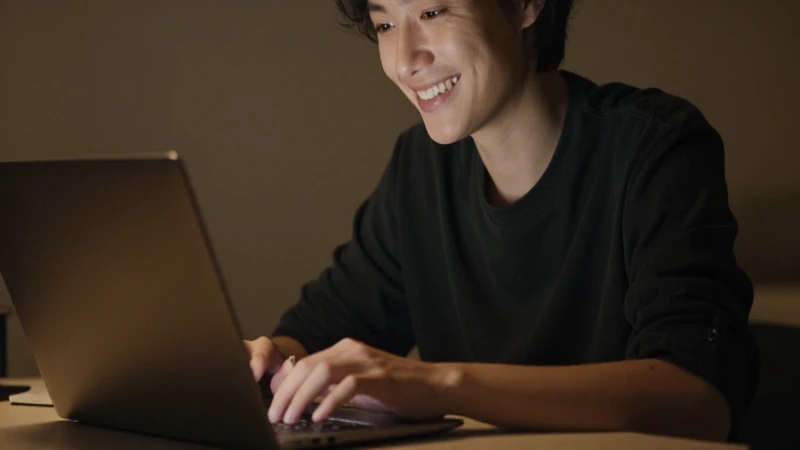 Sonríe, laptop, luz cálida cinematográfica
