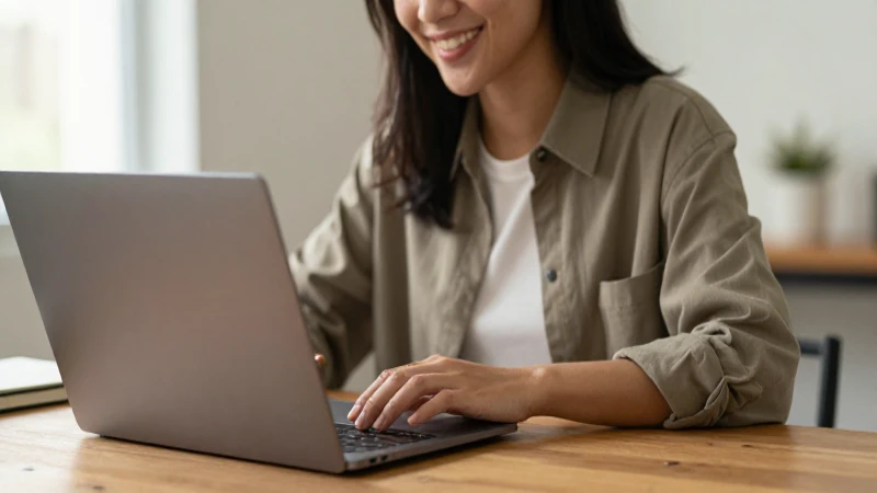 Mujer sonríe frente a su laptop.