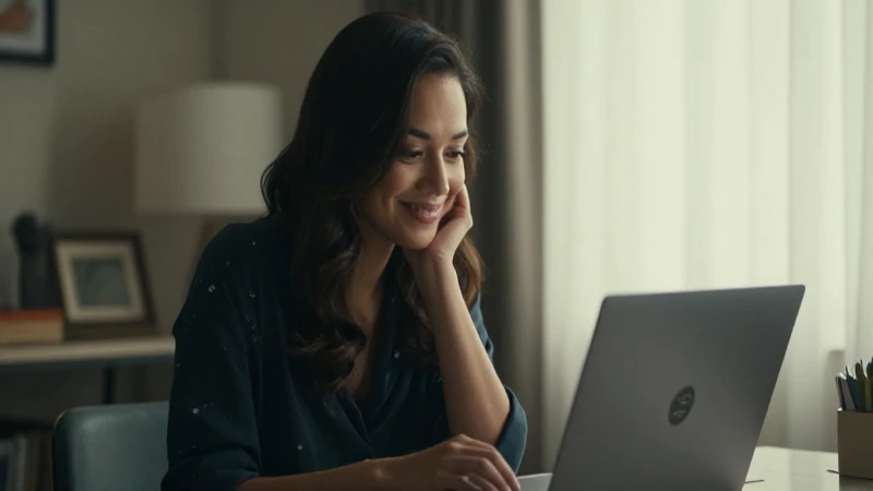 Mujer sonríe junto a una laptop