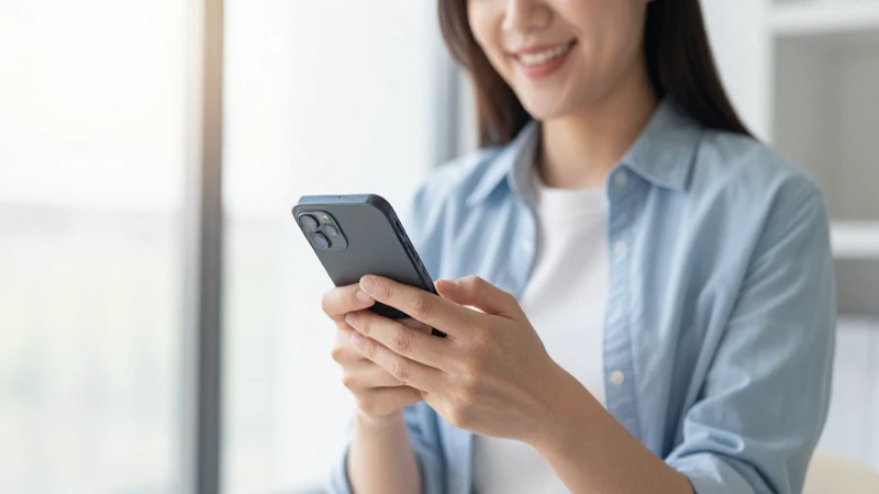 Persona sonriente usa smartphone con luz natural