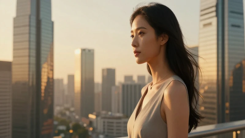 Mujer moderna en ciudad futurista, iluminación cinematográfica