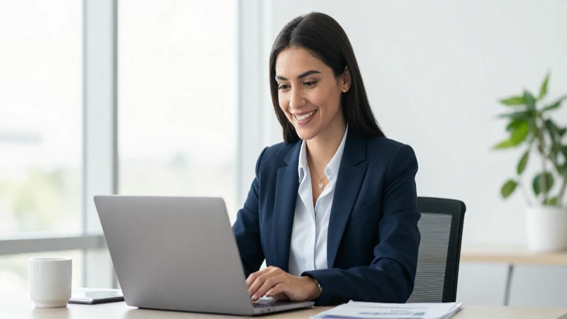 Mujer sonríe en oficina con laptop.