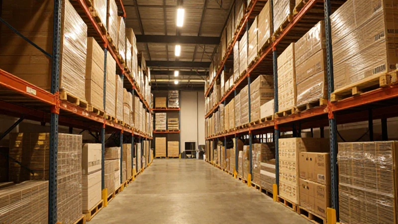 Almacén con cajas, iluminación cálida y amplia vista.
