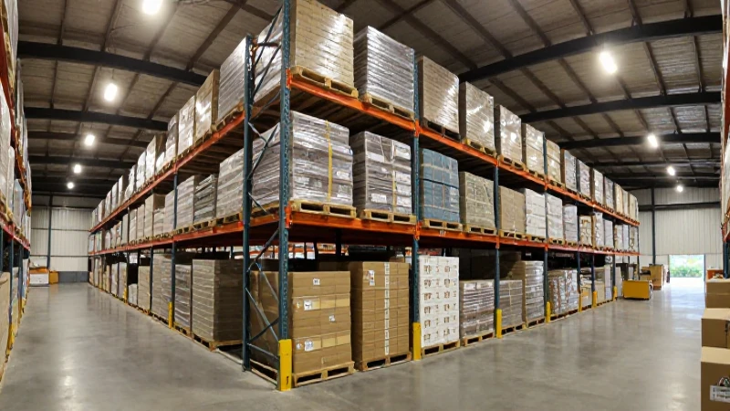 Almacén con cajas apiladas e iluminación suave.