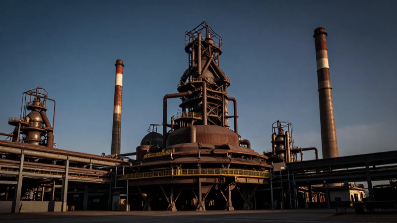 Acero industrial, chimeneas y luz dramática.