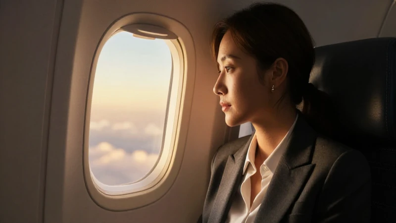 Mujer de negocios, ventana de avión, luz dorada