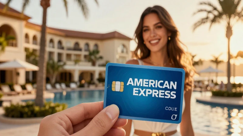 Mujer sonríe en resort lujoso al atardecer.