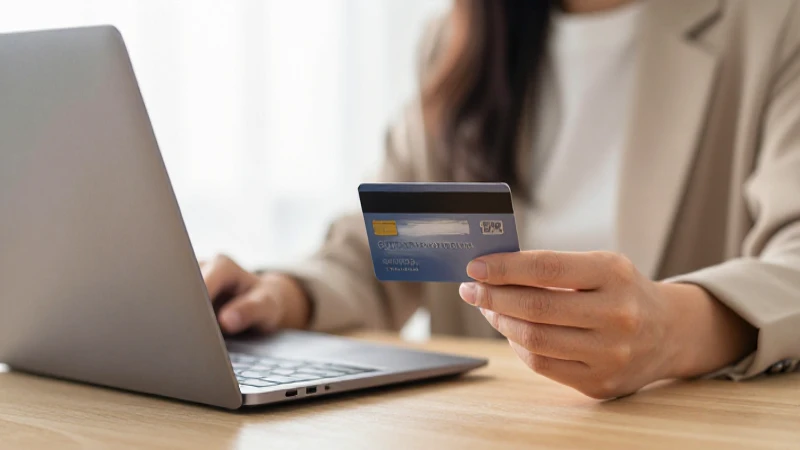 Mujer con tarjeta, laptop y luz cálida