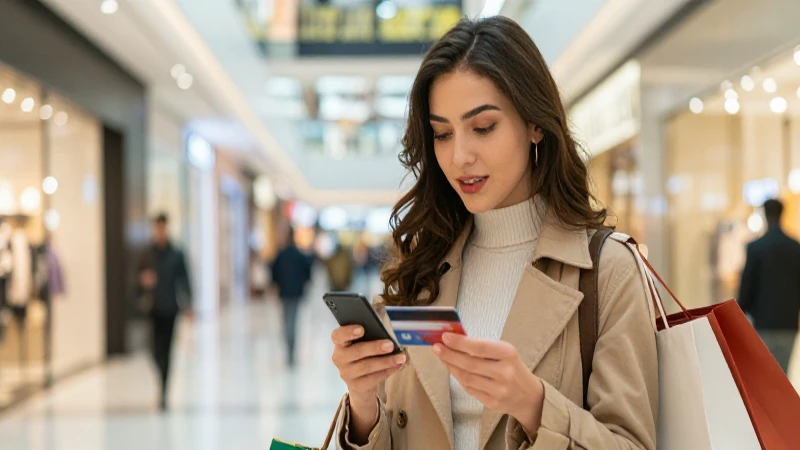 Mujer revisa tarjeta en centro comercial