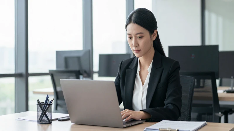 Mujer profesional trabaja en oficina iluminada.