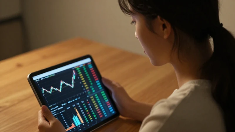 Mujer joven observa gráficos bursátiles en tablet