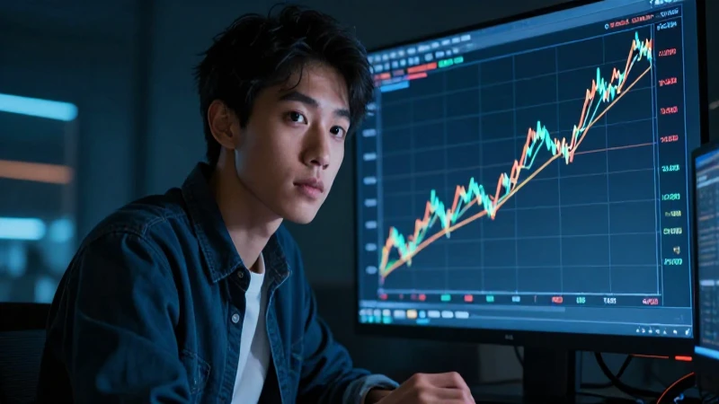 Joven trader analiza tendencias bursátiles cinematográficamente.