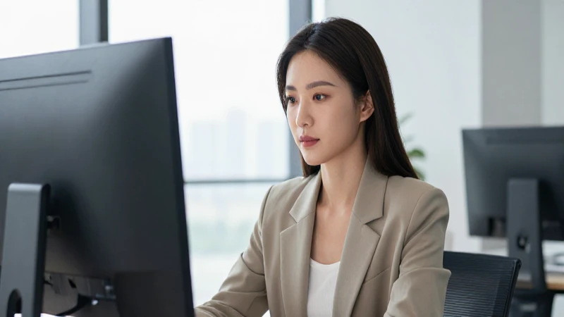 Mujer observa pantalla en oficina moderna