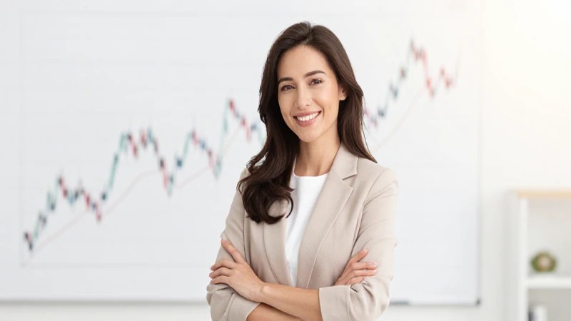 Mujer sonriente frente a un gráfico financiero