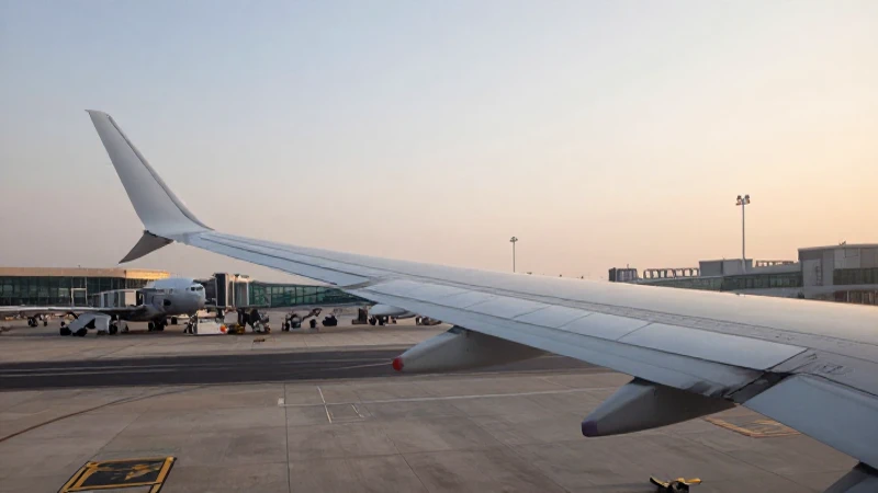 Alas de avión, terminal, luz matinal amplia