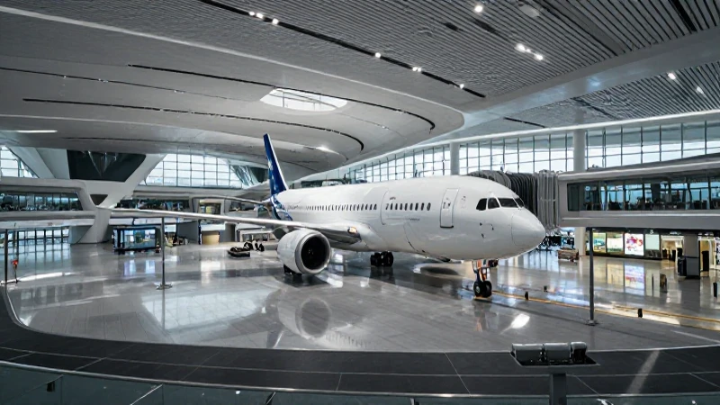 Avión moderno en terminal futurista, cinematográfico