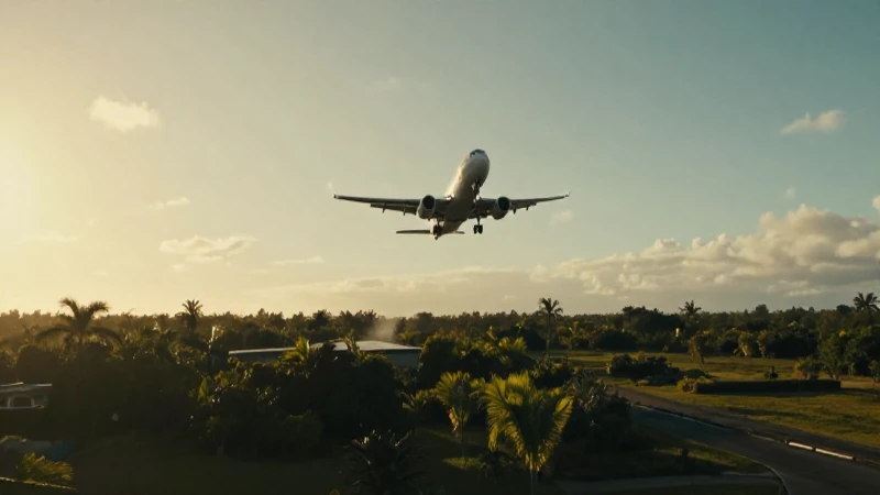 Avión despega al atardecer, paisaje tropical