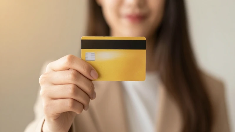 Mujer sostiene tarjeta de débito, luz cálida