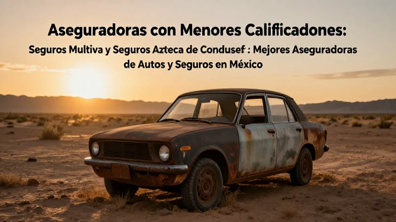 Coche oxidado, paisaje desértico, luz dorada dramática.Aseguradoras con Menores Calificaciones: Seguros Multiva y Seguros Azteca de Condusef: Mejores Aseguradoras de Autos y Seguros en México