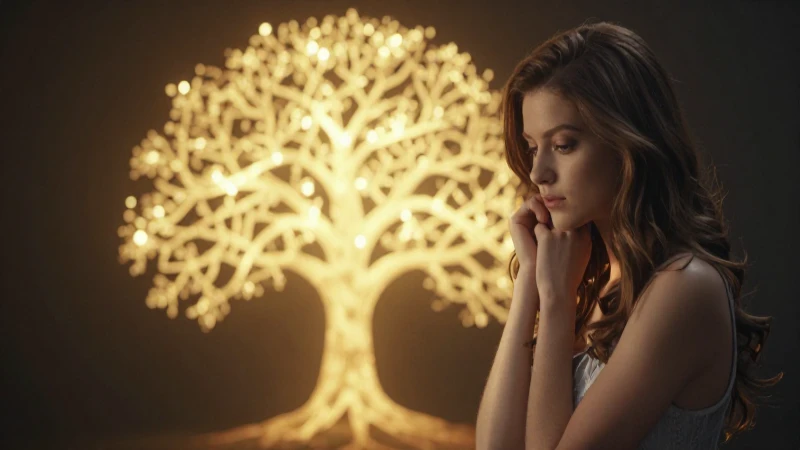 Joven pensativa, árbol de vida, luz dorada.