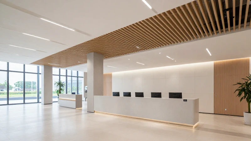 Interior bancario moderno, luz natural amplia