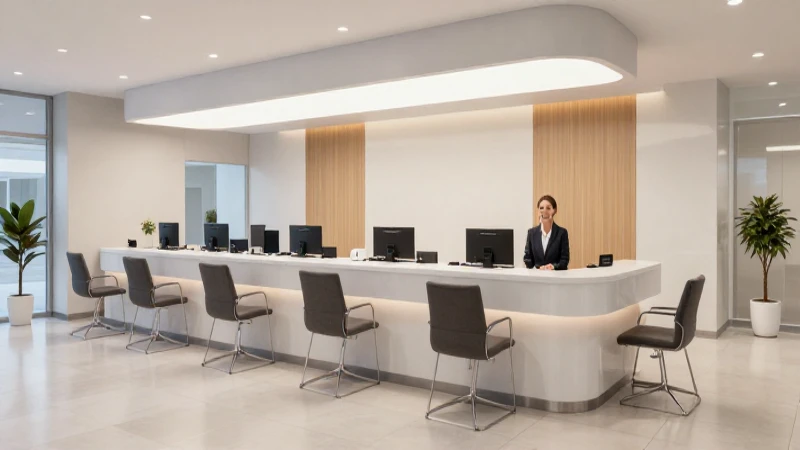 Banco moderno: cliente sonriendo, ambiente cálido