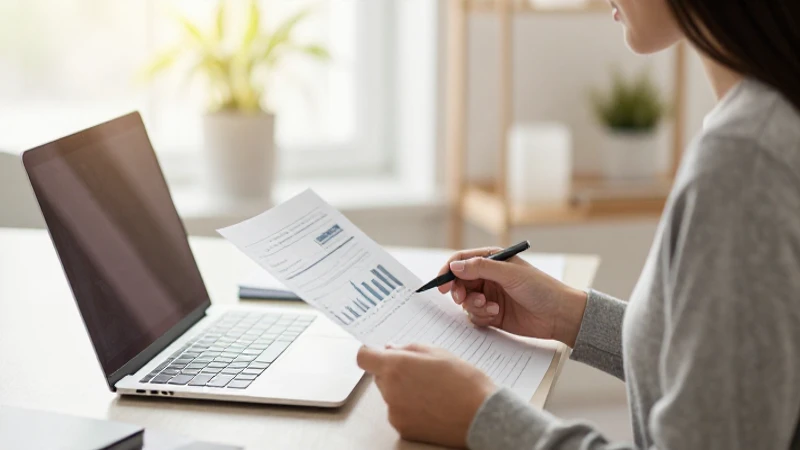 Mujer revisa finanzas con luz natural.