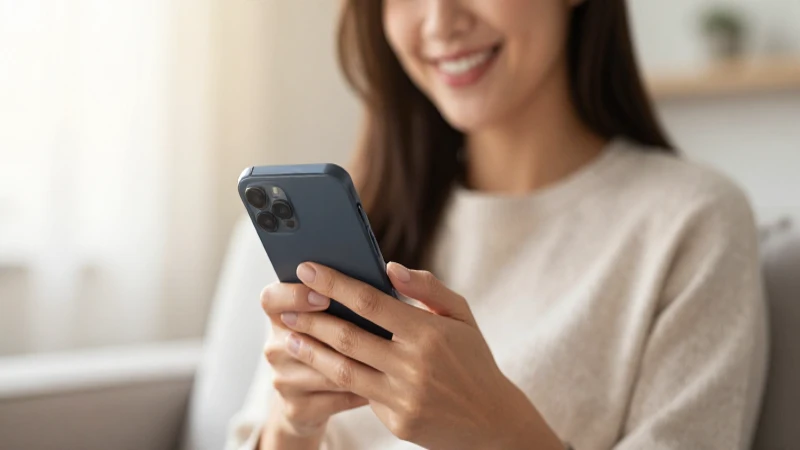 Mujer sonríe usando su teléfono móvil.