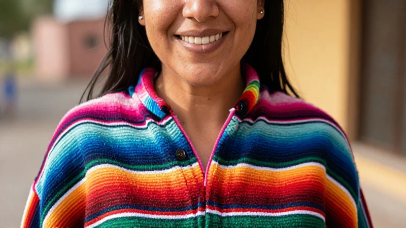 Mujer sonriente con manta mexicana vibrante.