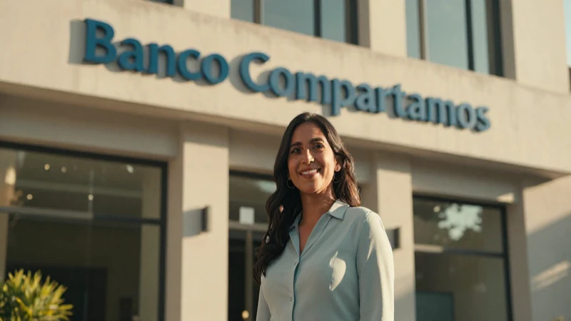 Mujer sonríe frente a una sucursal bancaria.