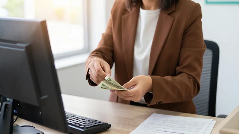 Mujer deposita dinero en el banco.