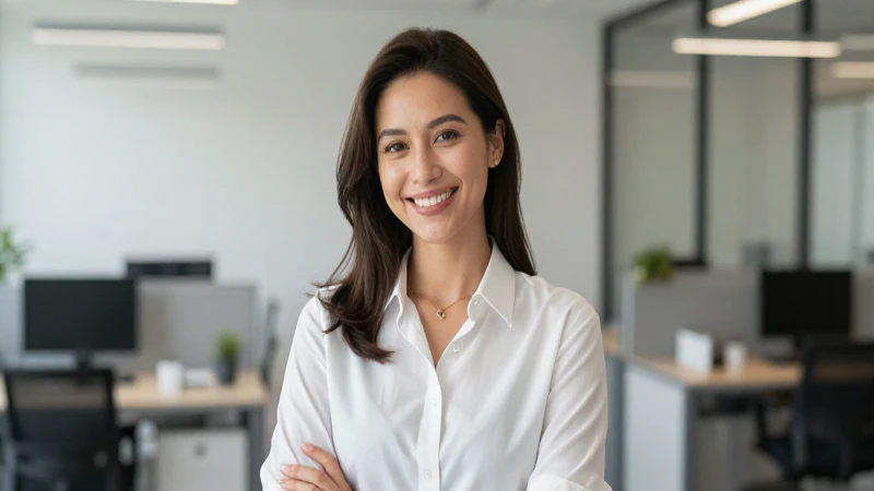 Mujer sonríe en oficina con luz natural