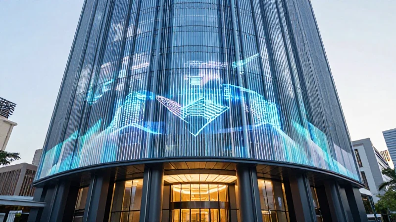 Banco moderno, holograma futurista y iluminación brillante.
