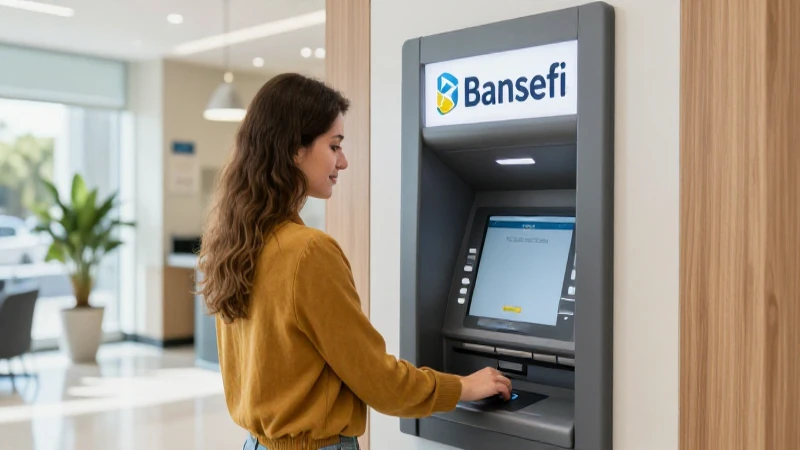 Mujer usa cajero en moderno banco.