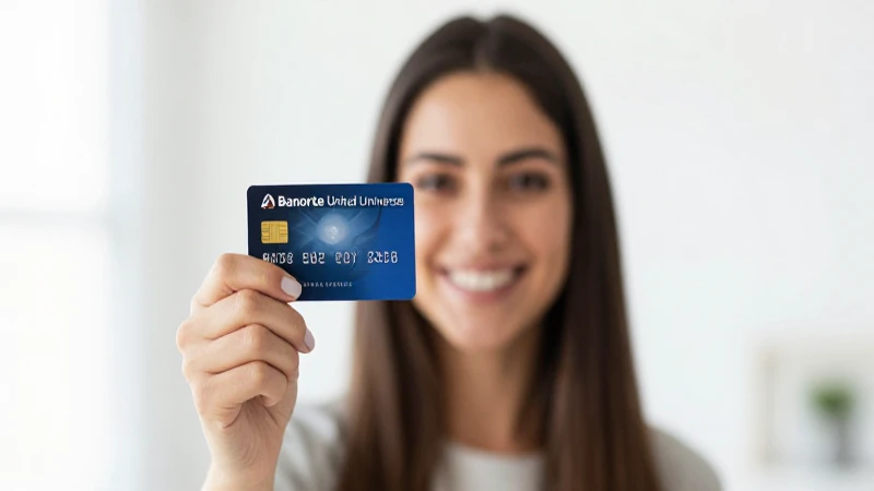 Mujer sonriendo con tarjeta Banorte.