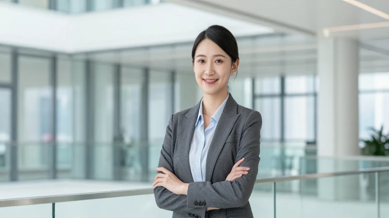 Profesional sonríe en oficina moderna y luminosa