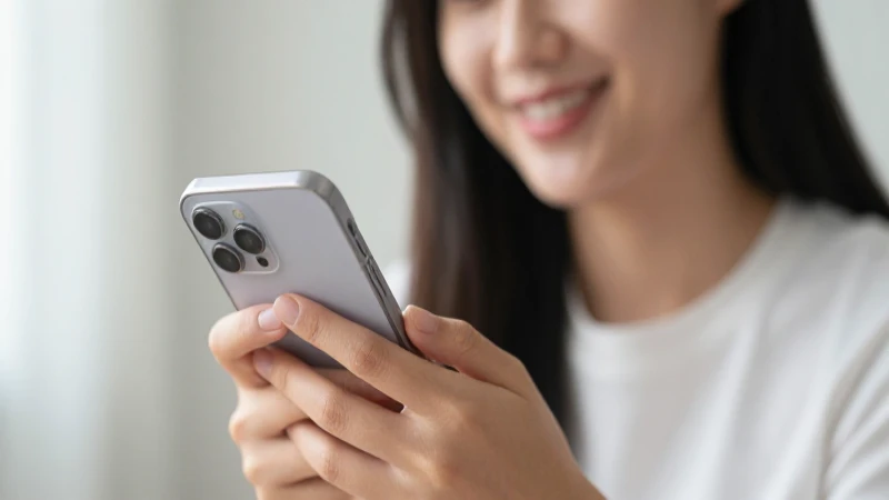 Mujer sonríe sosteniendo un smartphone