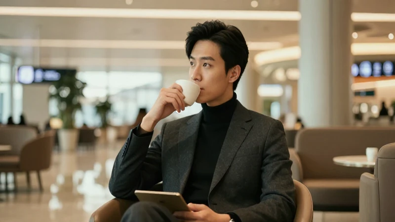 Hombre elegante en sala de aeropuerto moderna