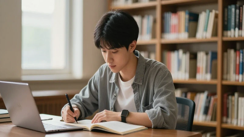 Estudiante estudia en biblioteca, luz cálida