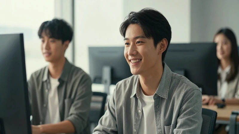 Jóvenes sonriendo en oficina con luz suave