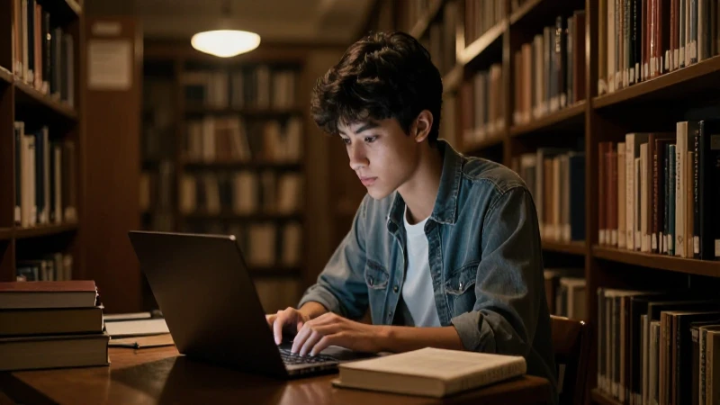 Estudiante estudia bajo luz cálida de biblioteca