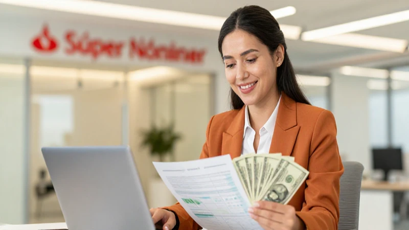 Cuáles son los requisitos y beneficios de Súper Nómina en Santander 8 Mujer sonríe, trabajando con finanzas en oficina.