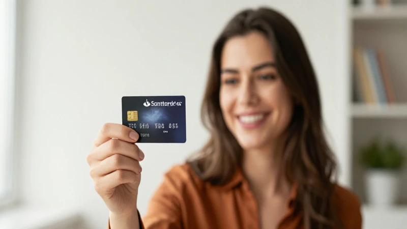 Cuáles son los requisitos y beneficios de Súper Nómina en Santander 9 Mujer sonríe con tarjeta Santander, consulta Súper Nómina.
