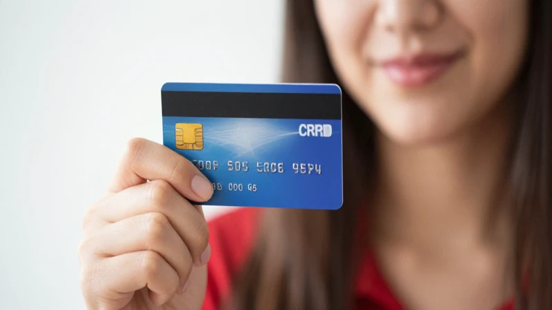 Mujer sostiene tarjeta de crédito, luz suave