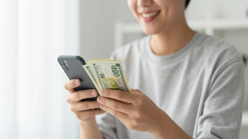Persona sonriente envía dinero por móvil