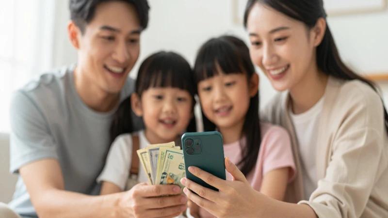 Familia feliz enviando dinero, luz cálida