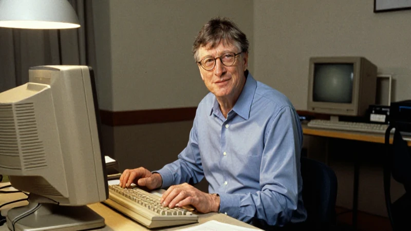 Joven Bill Gates frente a una computadora antigua