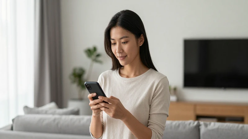 Mujer usa teléfono en moderno apartamento